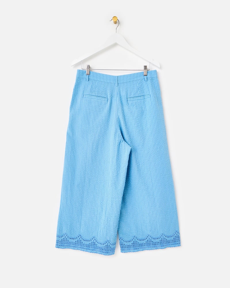 Blue Striped Broderie Hem Cropped Wide Leg Trousers