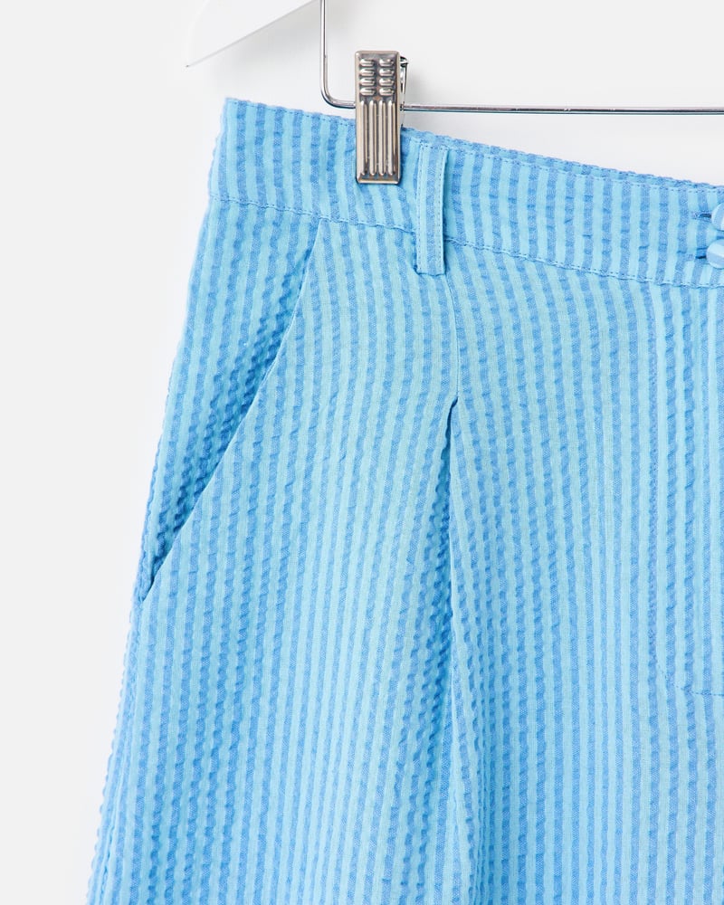 Blue Striped Broderie Hem Cropped Wide Leg Trousers