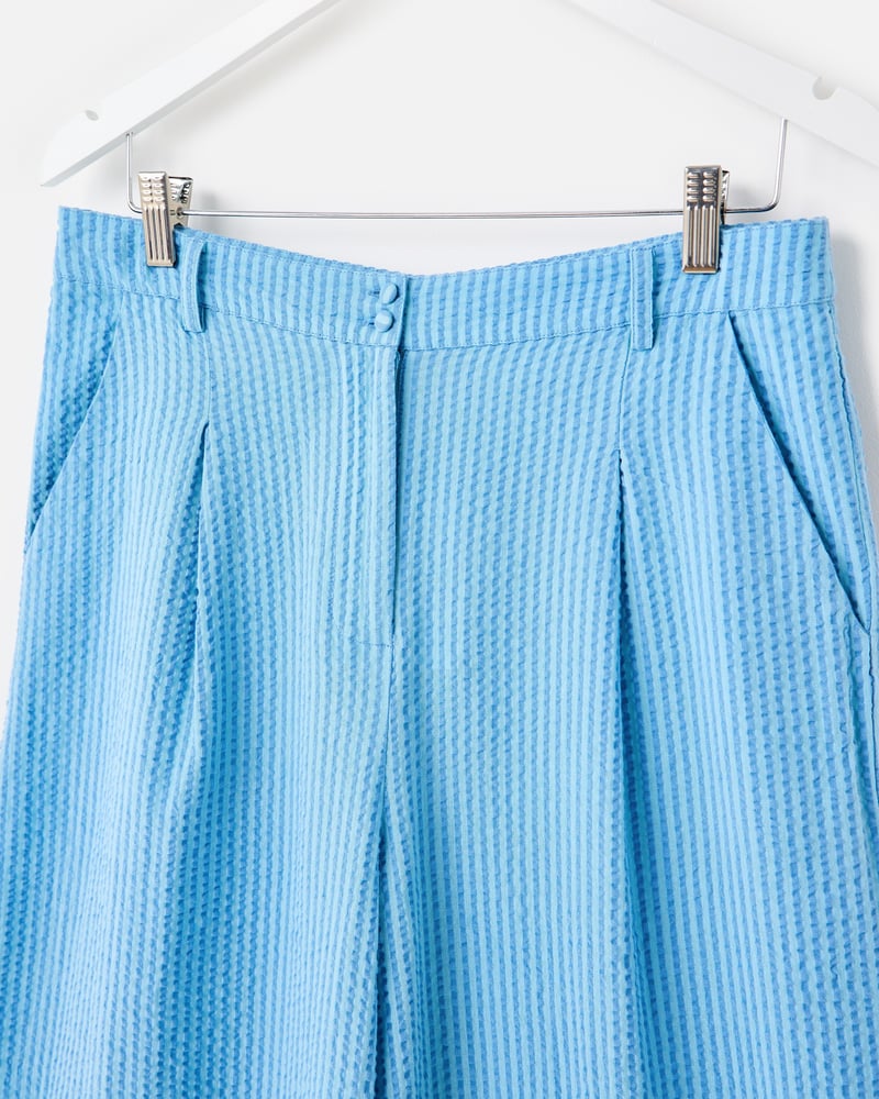 Blue Striped Broderie Hem Cropped Wide Leg Trousers