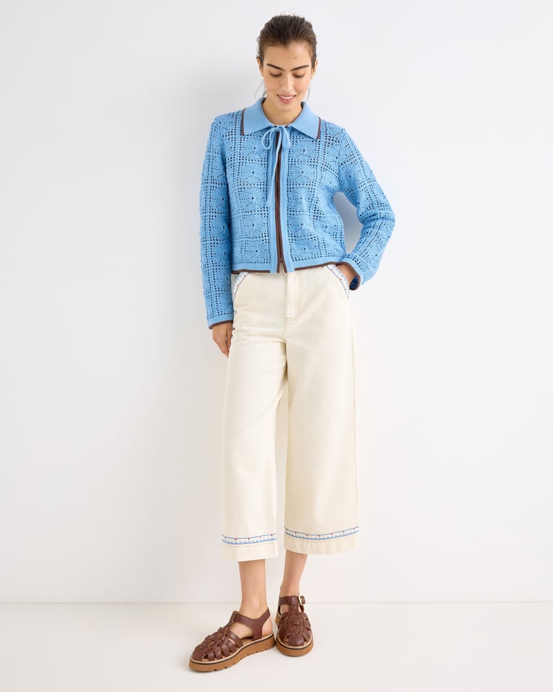 Ecru & Blue Stitch Cropped Wide Leg Jeans