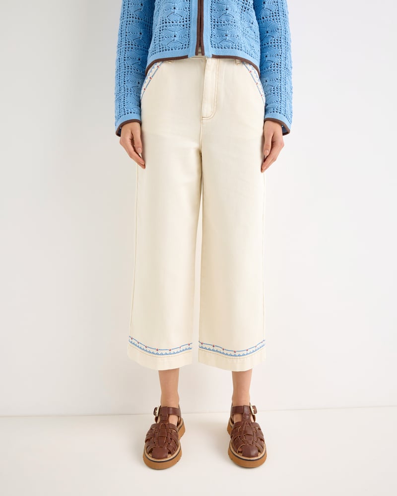 Ecru & Blue Stitch Cropped Wide Leg Jeans