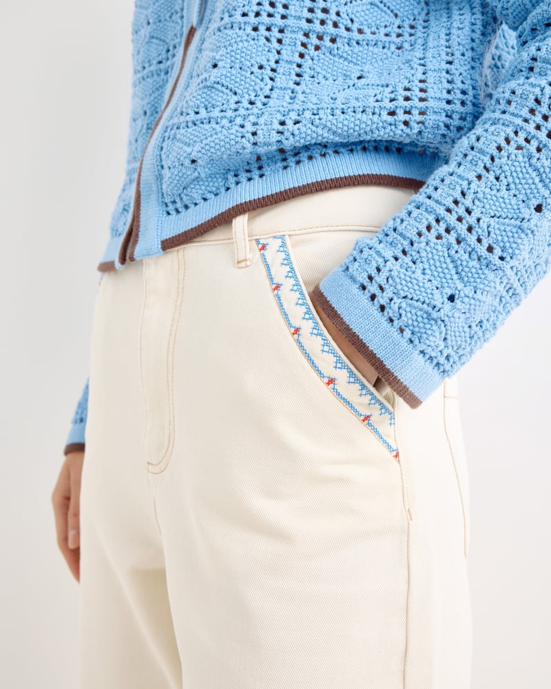 Ecru & Blue Stitch Cropped Wide Leg Jeans