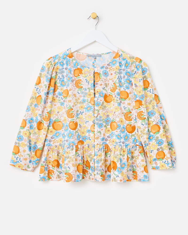 Blue Floral & Orange Print Peplum Blouse