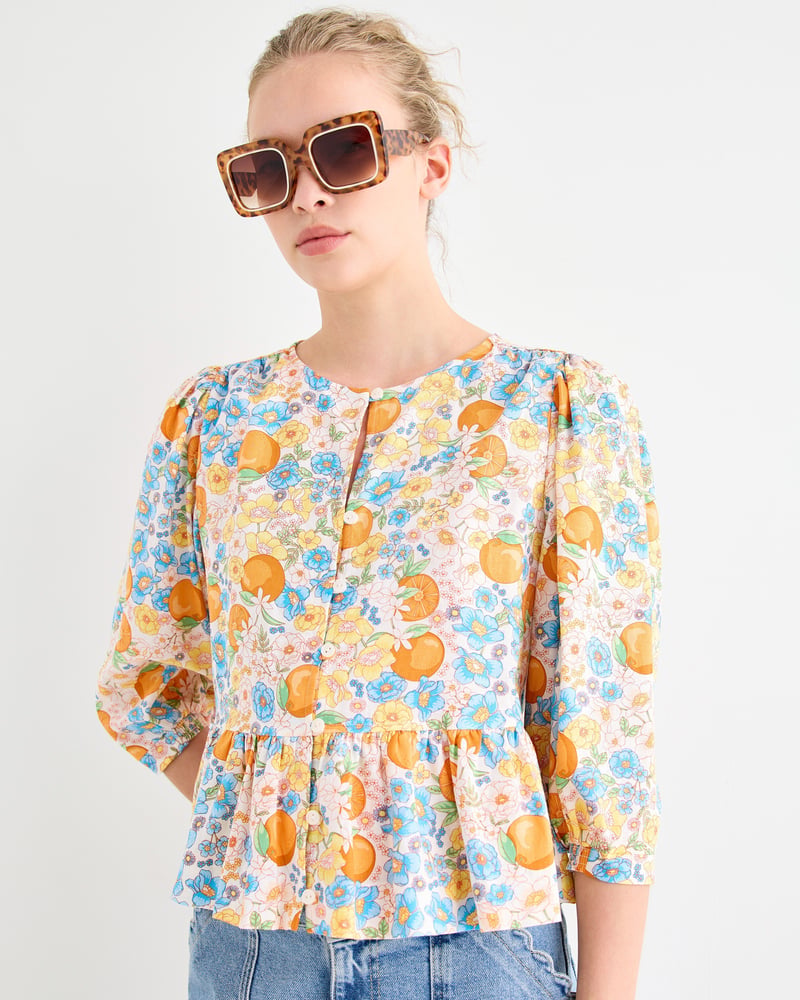Blue Floral & Orange Print Peplum Blouse