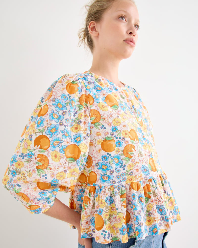 Blue Floral & Orange Print Peplum Blouse