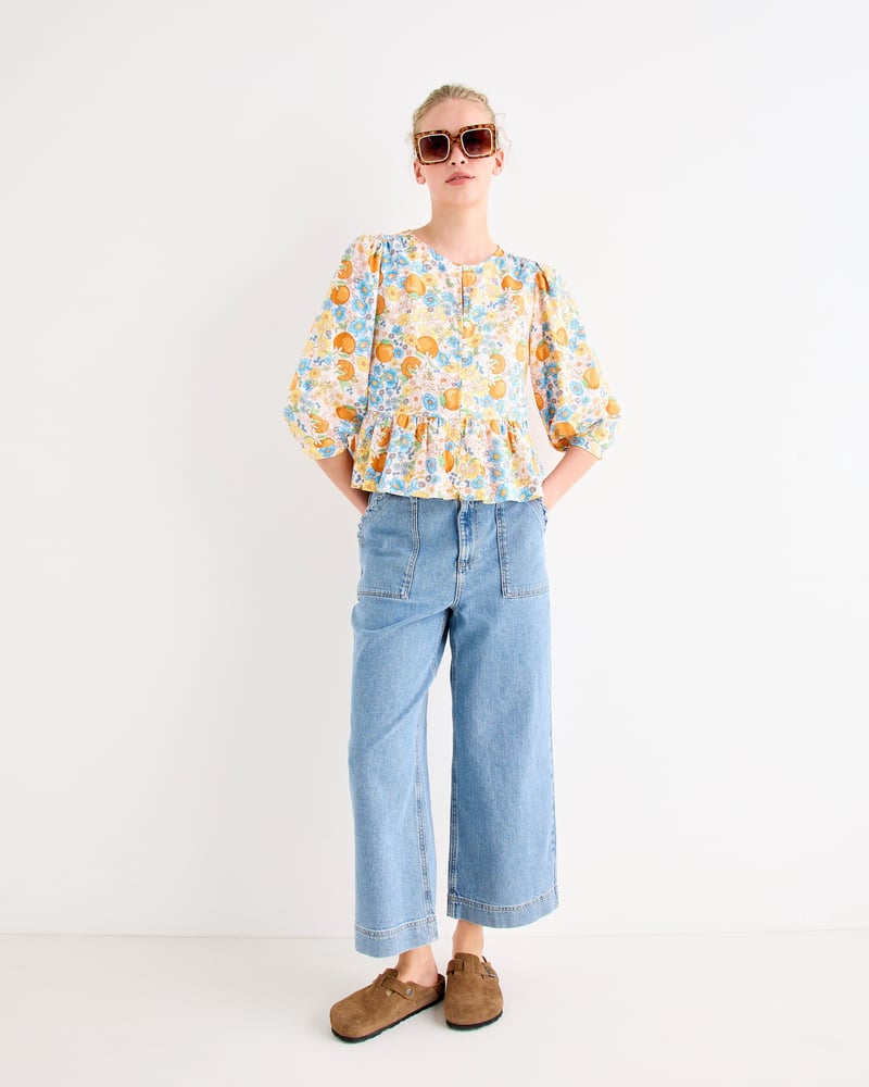 Blue Floral & Orange Print Peplum Blouse
