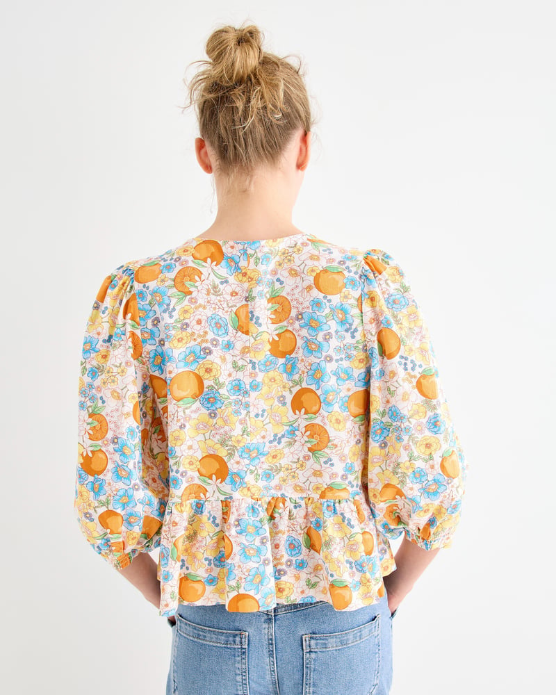 Blue Floral & Orange Print Peplum Blouse