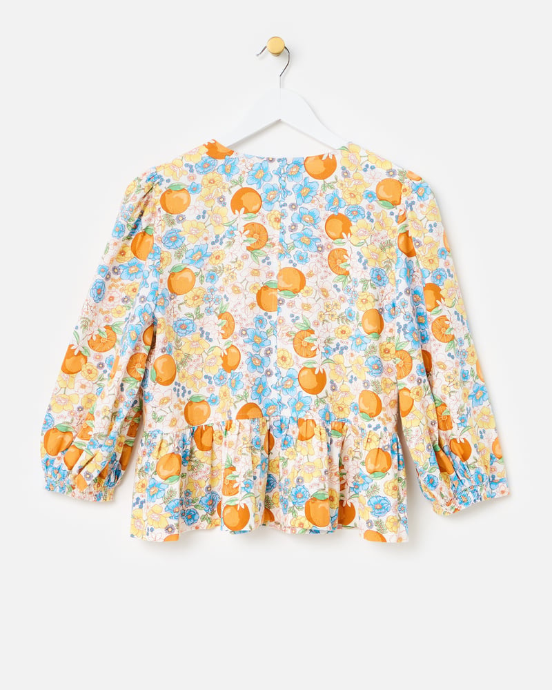 Blue Floral & Orange Print Peplum Blouse