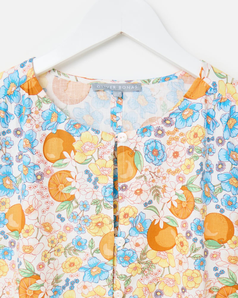 Blue Floral & Orange Print Peplum Blouse