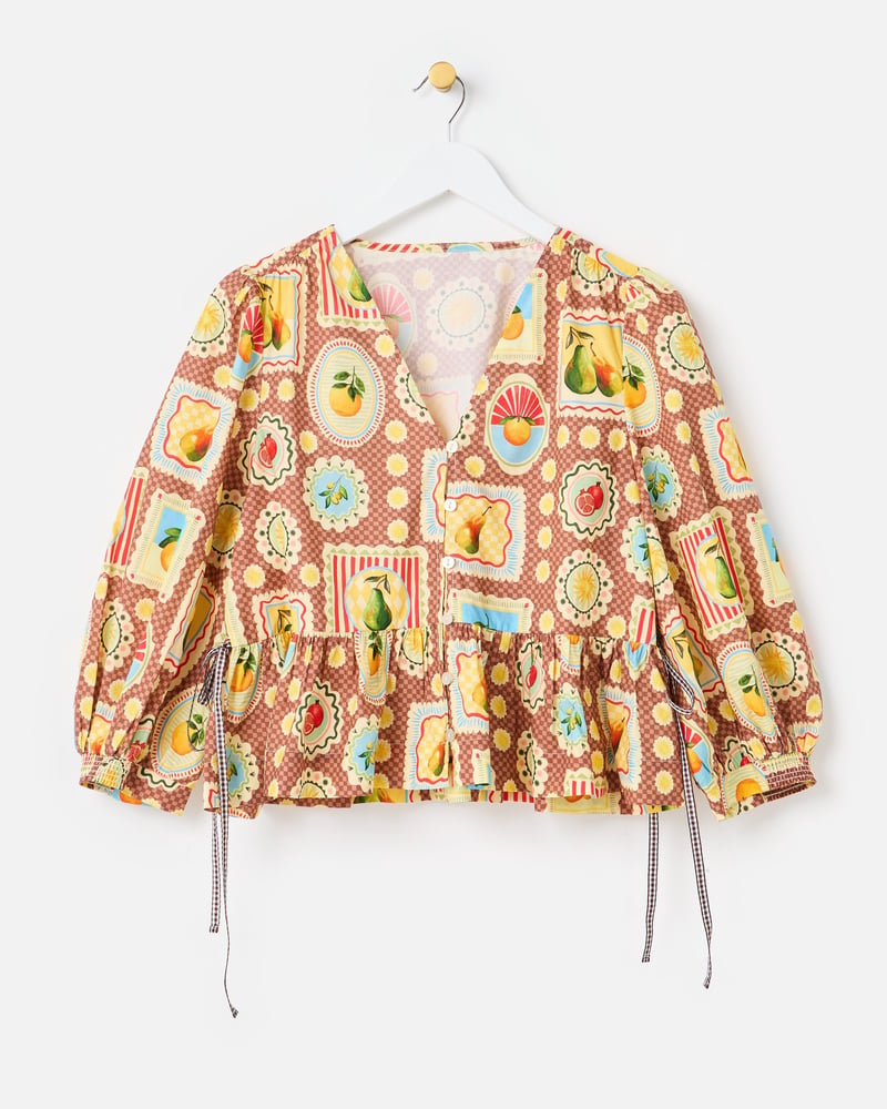 Brown Postcard Print V-Neck Button Up Blouse