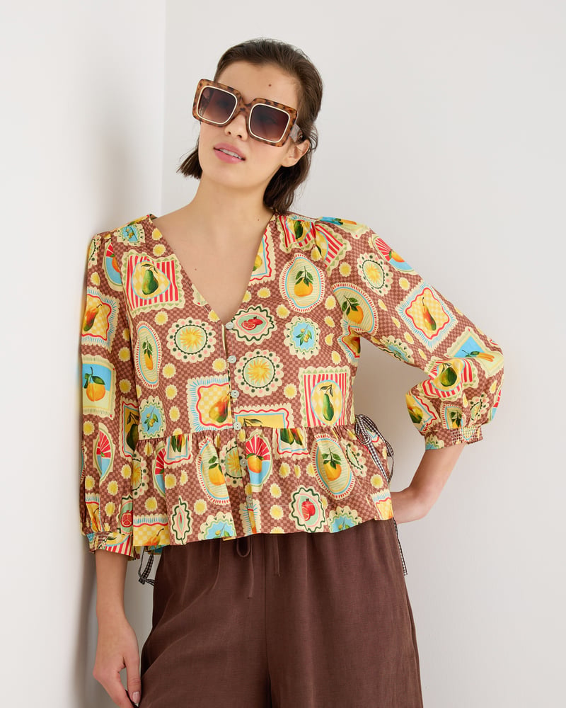 Brown Postcard Print V-Neck Button Up Blouse