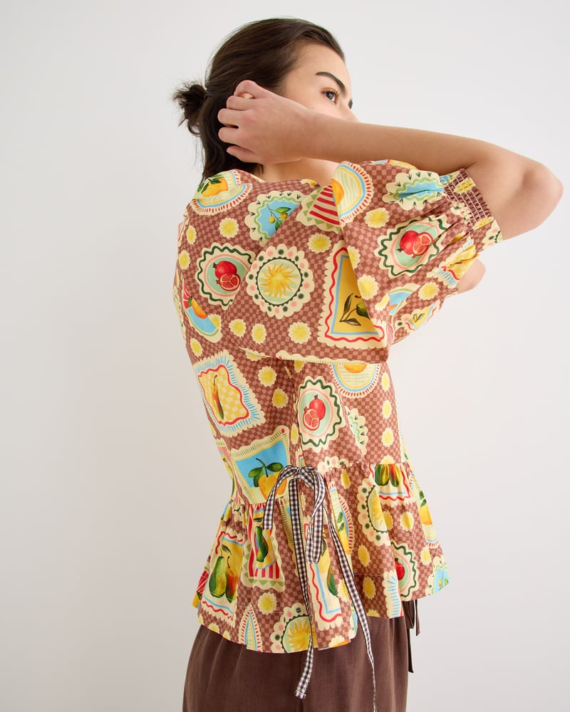 Brown Postcard Print V-Neck Button Up Blouse