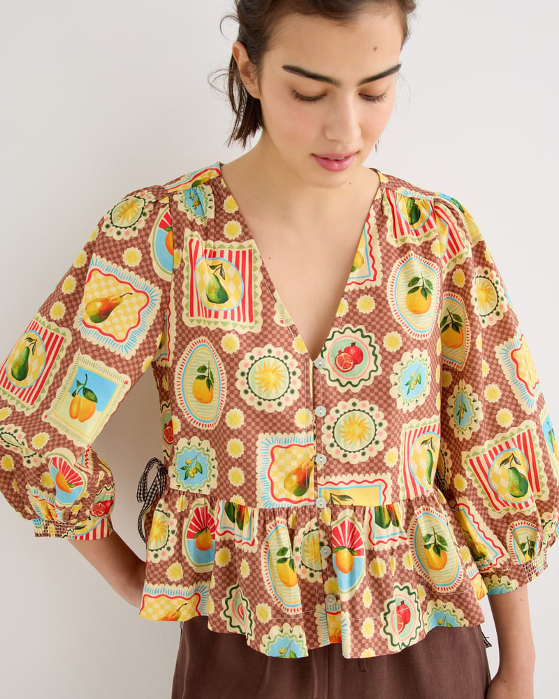 Brown Postcard Print V-Neck Button Up Blouse