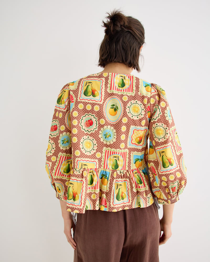 Brown Postcard Print V-Neck Button Up Blouse