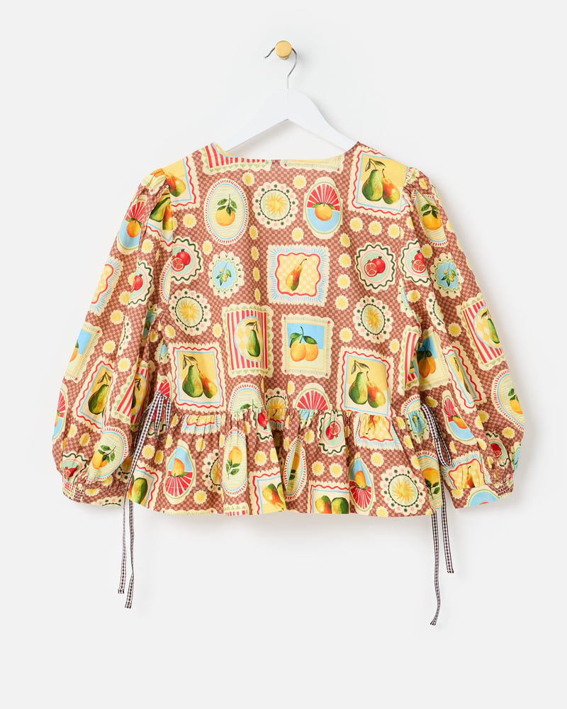 Brown Postcard Print V-Neck Button Up Blouse