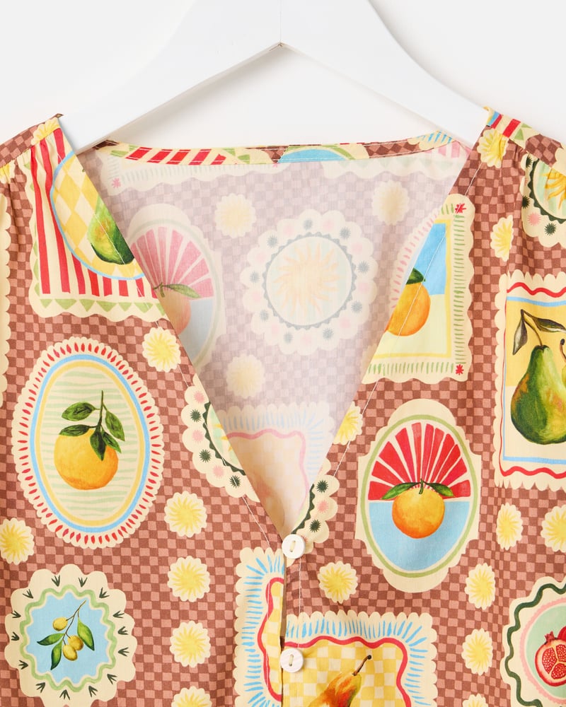 Brown Postcard Print V-Neck Button Up Blouse
