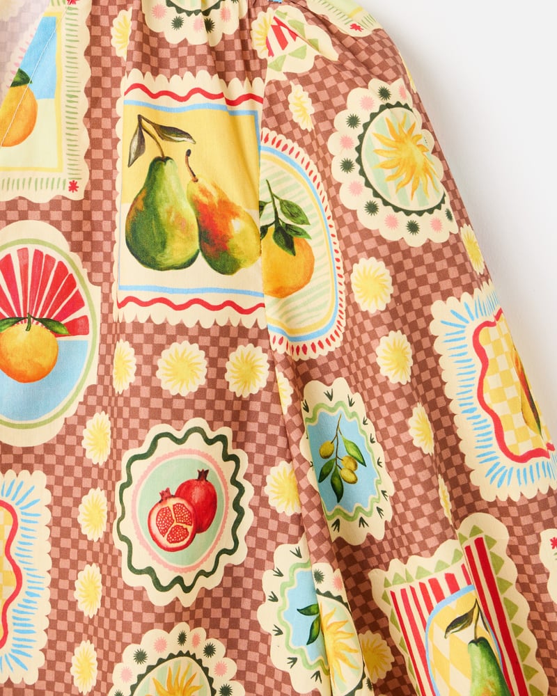 Brown Postcard Print V-Neck Button Up Blouse