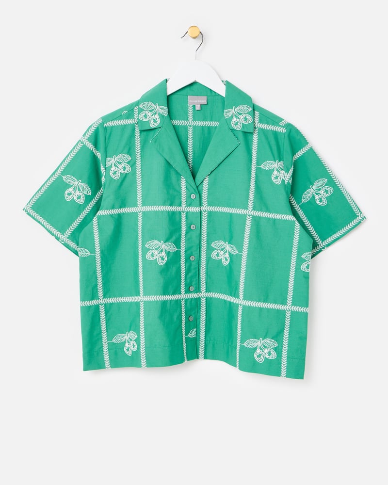 Green Strawberry Embroidered Short Sleeve Shirt