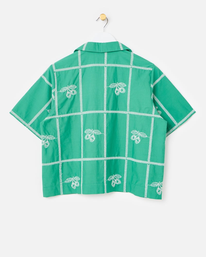 Green Strawberry Embroidered Short Sleeve Shirt