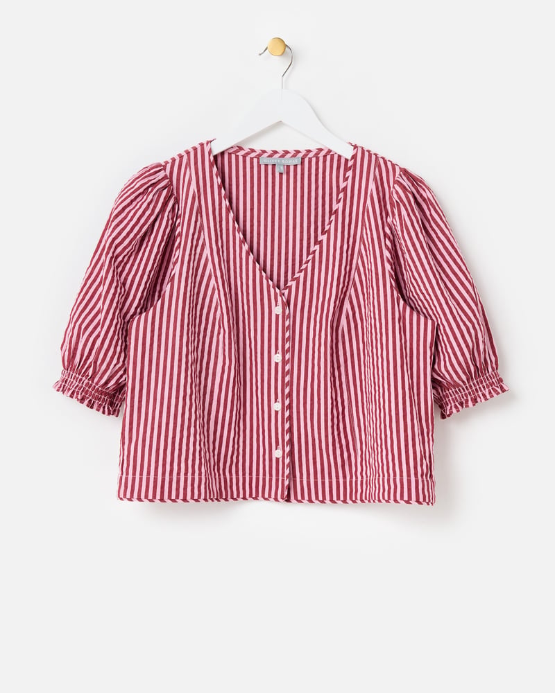 Pink & Burgundy Striped Seersucker Puff Sleeve Blouse