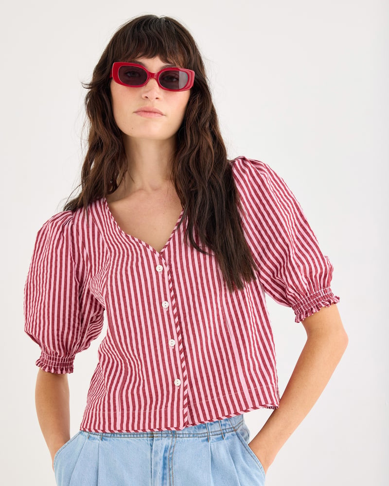 Pink & Burgundy Striped Seersucker Puff Sleeve Blouse