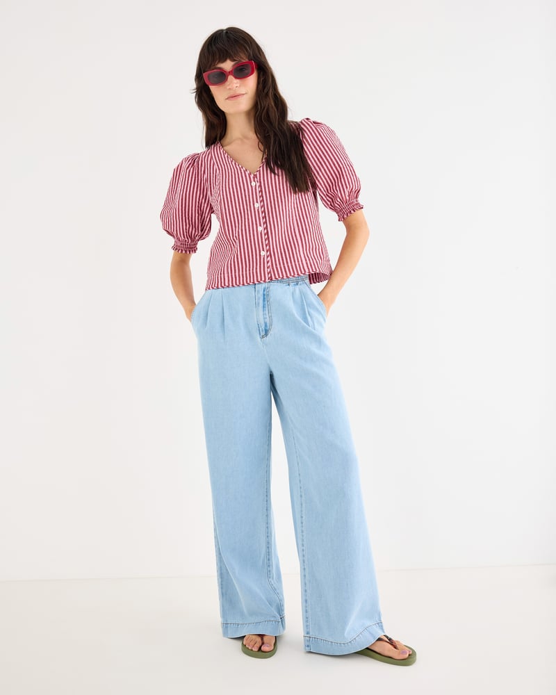 Pink & Burgundy Striped Seersucker Puff Sleeve Blouse