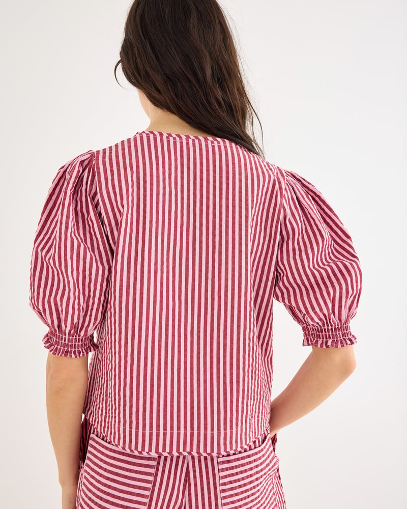 Pink & Burgundy Striped Seersucker Puff Sleeve Blouse