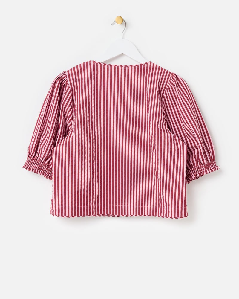 Pink & Burgundy Striped Seersucker Puff Sleeve Blouse