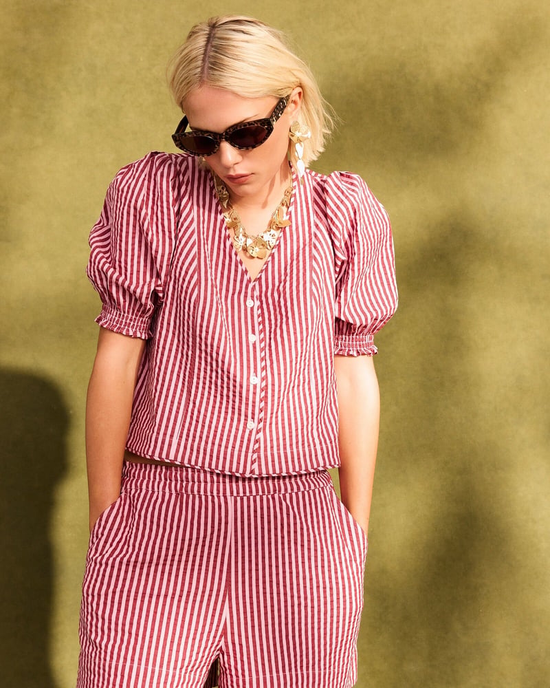 Pink & Burgundy Striped Seersucker Puff Sleeve Blouse