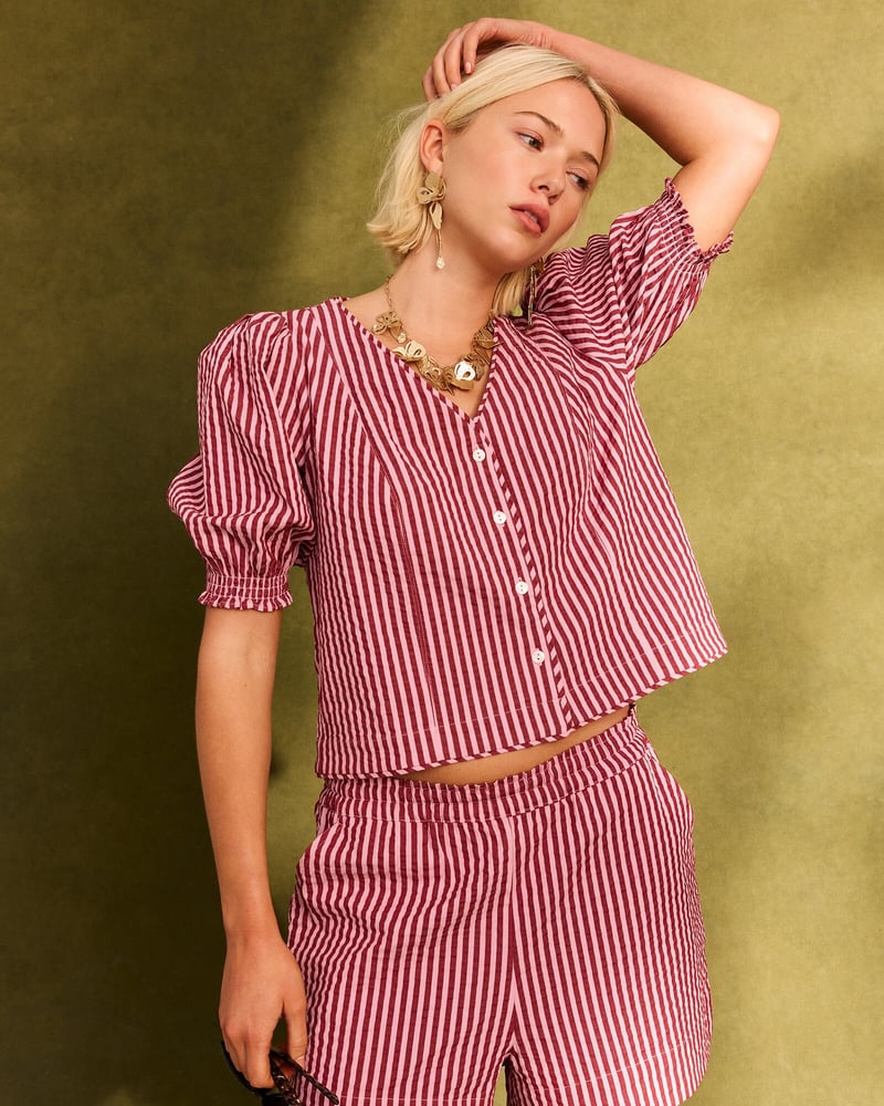 Pink & Burgundy Striped Seersucker Puff Sleeve Blouse