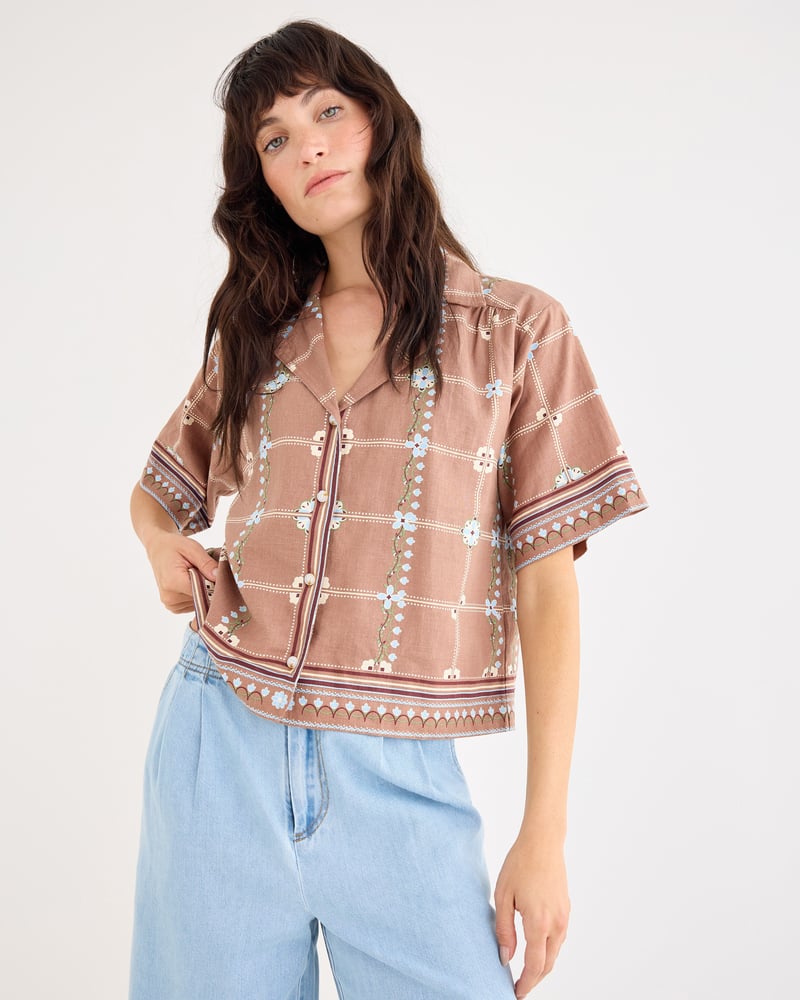 Brown Floral Print Short Sleeve Shirt