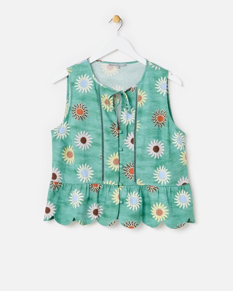 Green Sun Print Sleeveless Peplum Top