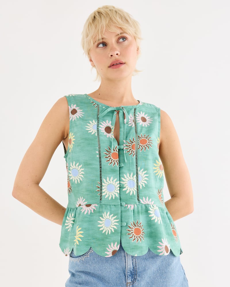 Green Sun Print Sleeveless Peplum Top