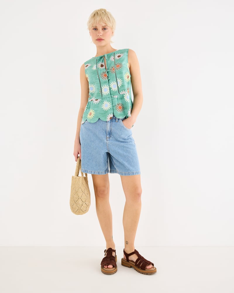Green Sun Print Sleeveless Peplum Top