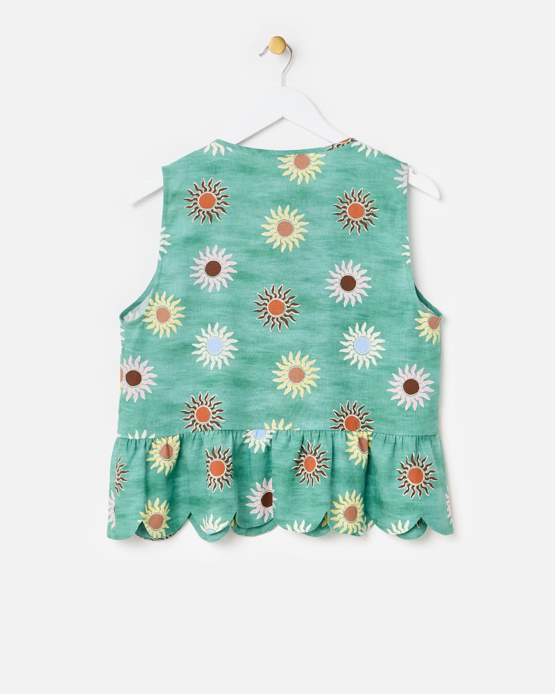 Green Sun Print Sleeveless Peplum Top