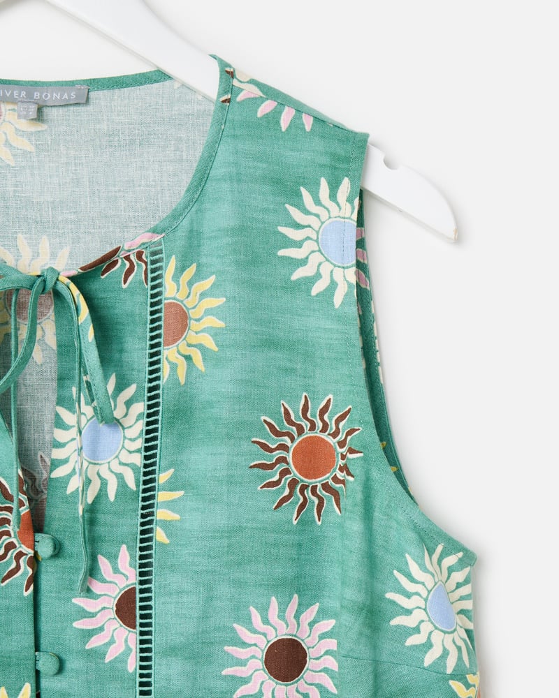 Green Sun Print Sleeveless Peplum Top