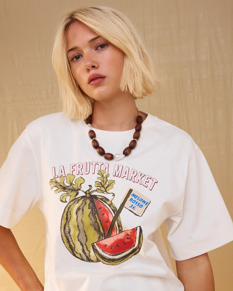 White La Frutta Market Cotton Graphic T-Shirt