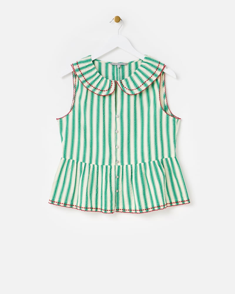 Green & Cream Striped Seersucker Collar Sleeveless Blouse