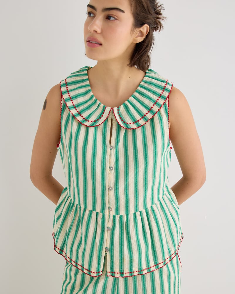 Green & Cream Striped Seersucker Collar Sleeveless Blouse