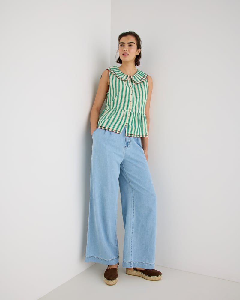 Green & Cream Striped Seersucker Collar Sleeveless Blouse