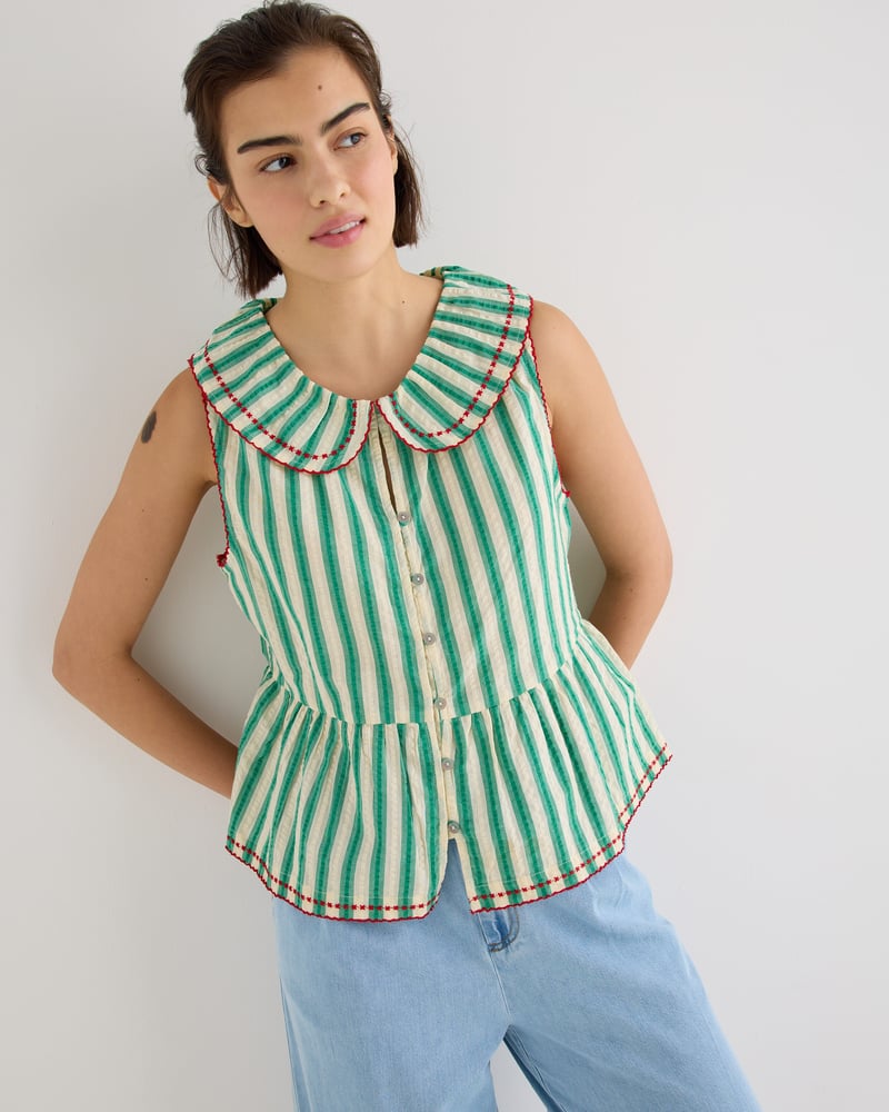 Green & Cream Striped Seersucker Collar Sleeveless Blouse
