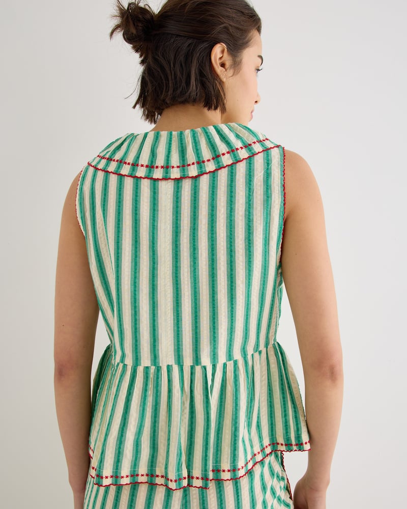 Green & Cream Striped Seersucker Collar Sleeveless Blouse