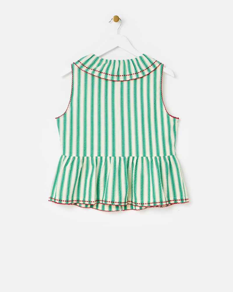 Green & Cream Striped Seersucker Collar Sleeveless Blouse