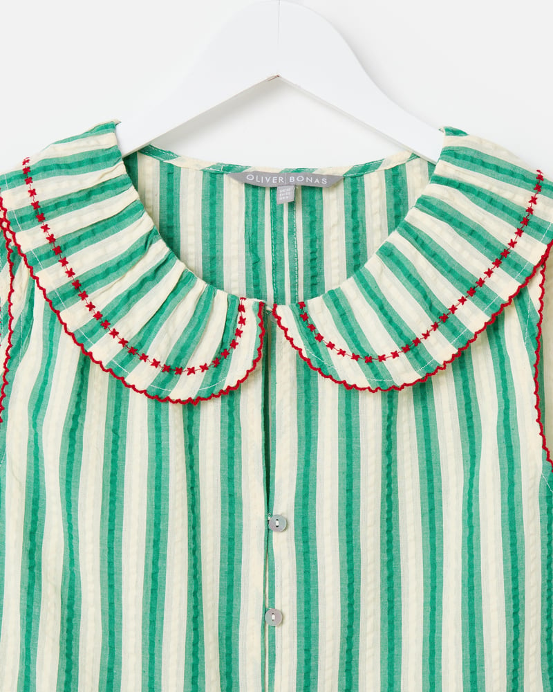 Green & Cream Striped Seersucker Collar Sleeveless Blouse