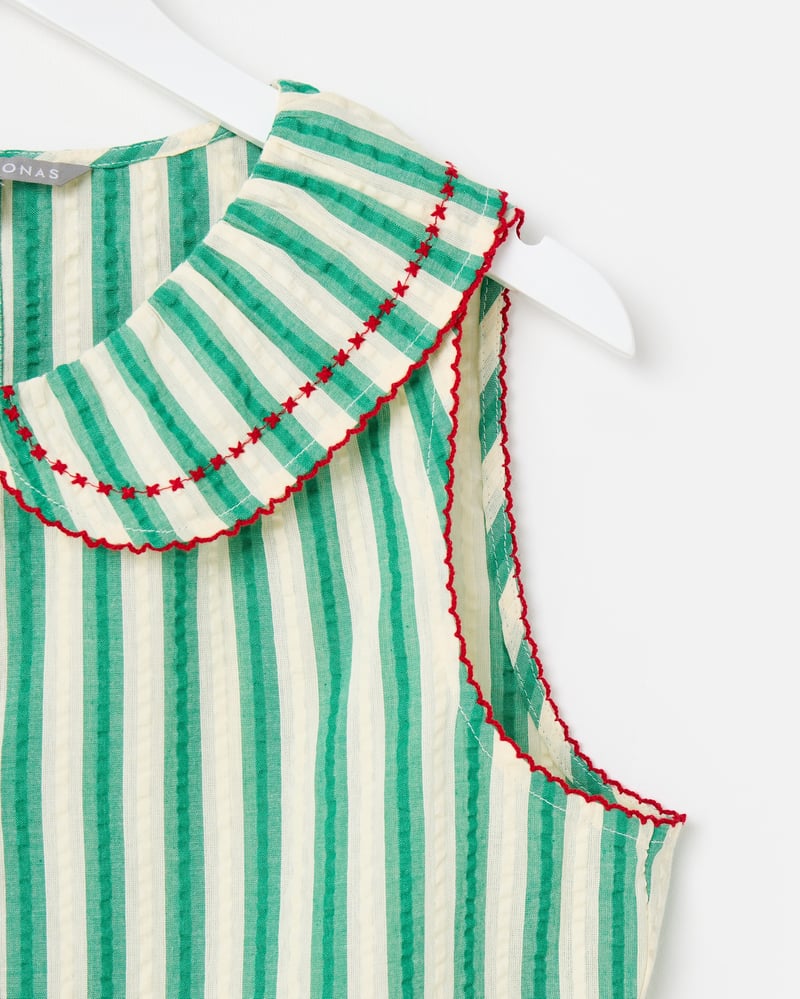 Green & Cream Striped Seersucker Collar Sleeveless Blouse
