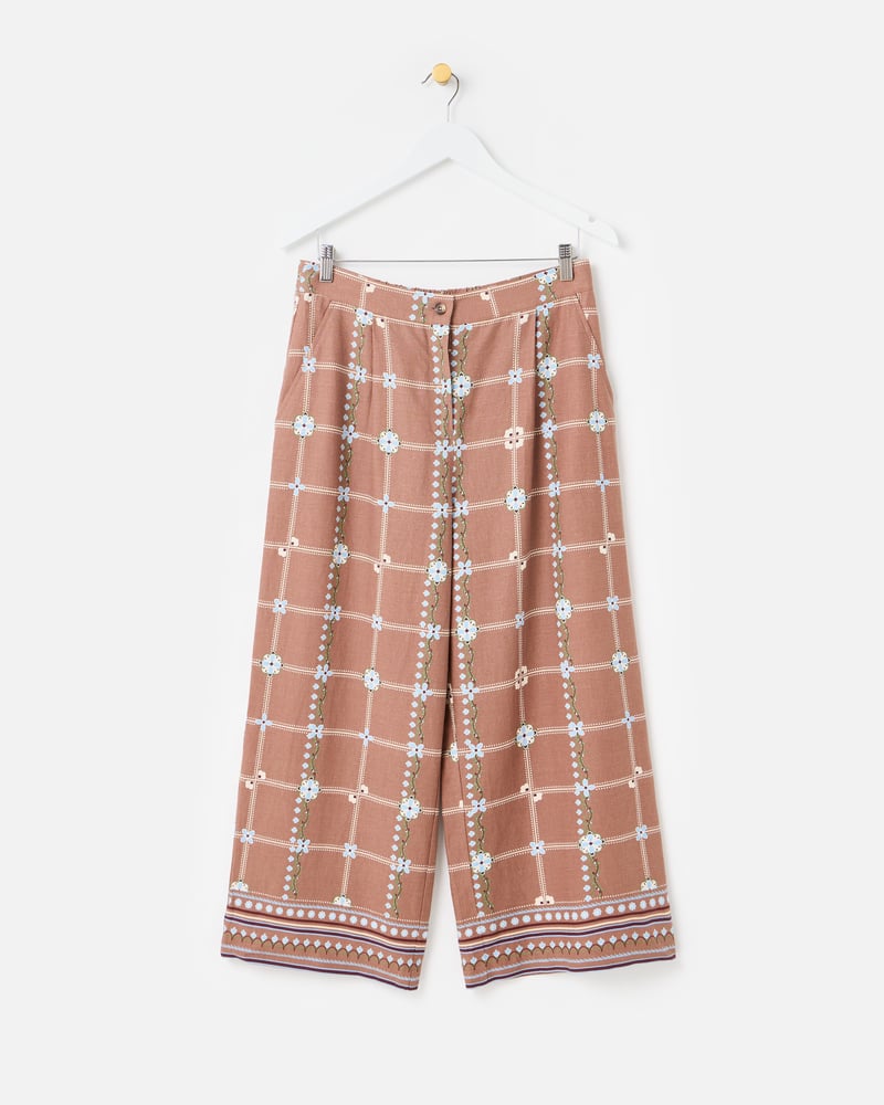 Brown Floral Print Cropped Wide Leg Trousers