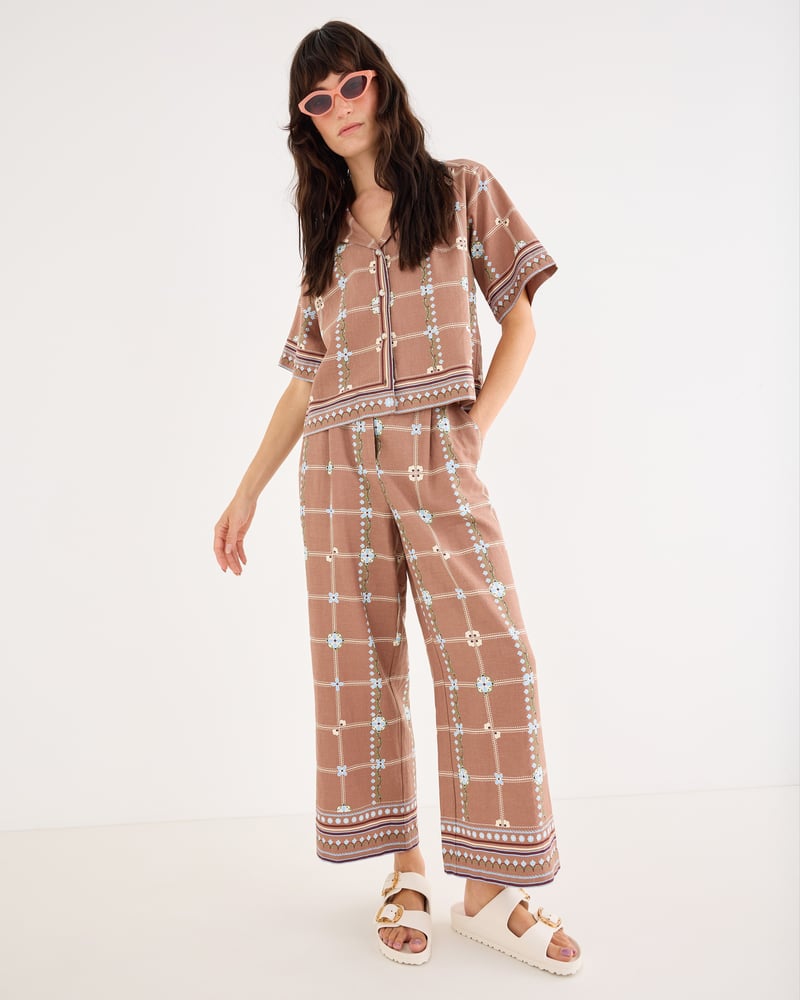 Brown Floral Print Cropped Wide Leg Trousers