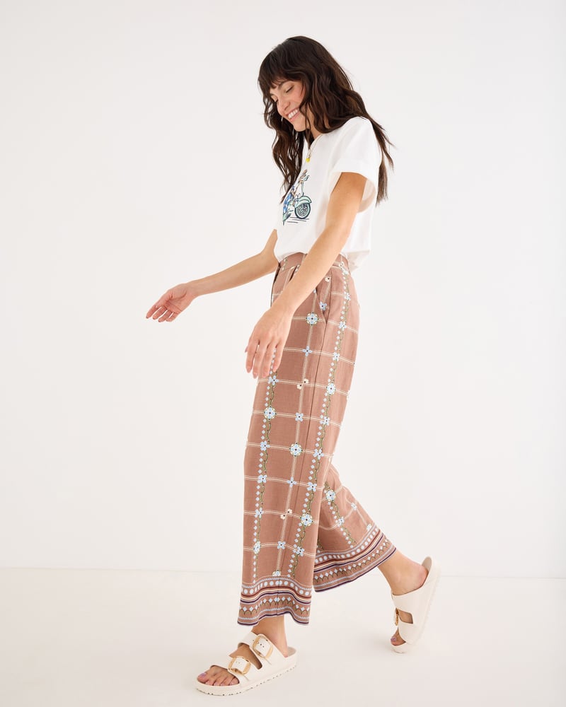 Brown Floral Print Cropped Wide Leg Trousers