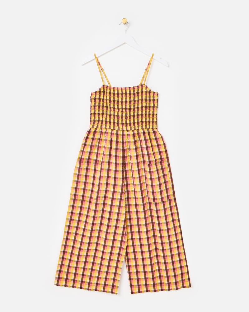 Yellow & Brown Checked Strappy Cropped Jumpsuit
