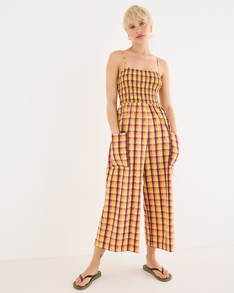 Yellow & Brown Checked Strappy Cropped Jumpsuit